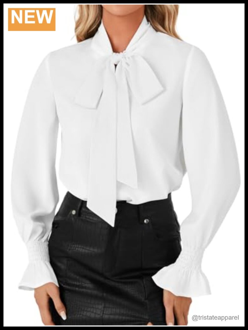 Women's Bow Tie Neck Blouse Long Sleeve Smocked Cuff Office